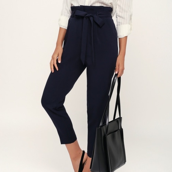 Lulus Pants - Lulus With Confidence Navy Blue Paper Bag Waist Pants - Size L